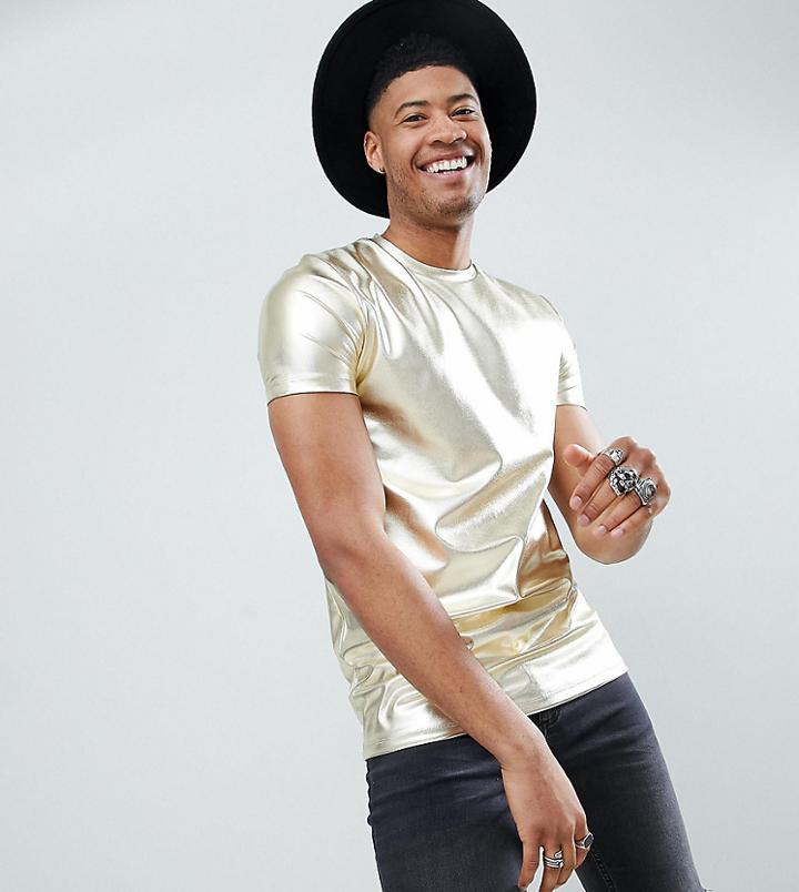 Asos Design Tall Longline T-shirt In Gold Metallic - Gold