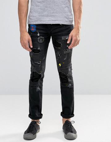 Always Rare Ripped Paint Splatter Skinny Jeans With Badges - Black