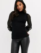Y.a.s Ribbed Sweater With Sheer Sleeves In Black