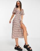 Topshop Casual Ditsy Button Through Midi Dress In Pink