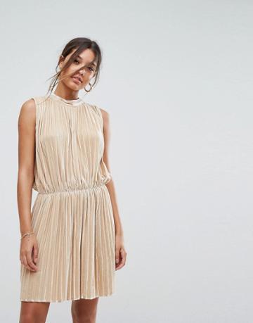 Aeryne Sleeveless Velvet Pleated Dress-gold