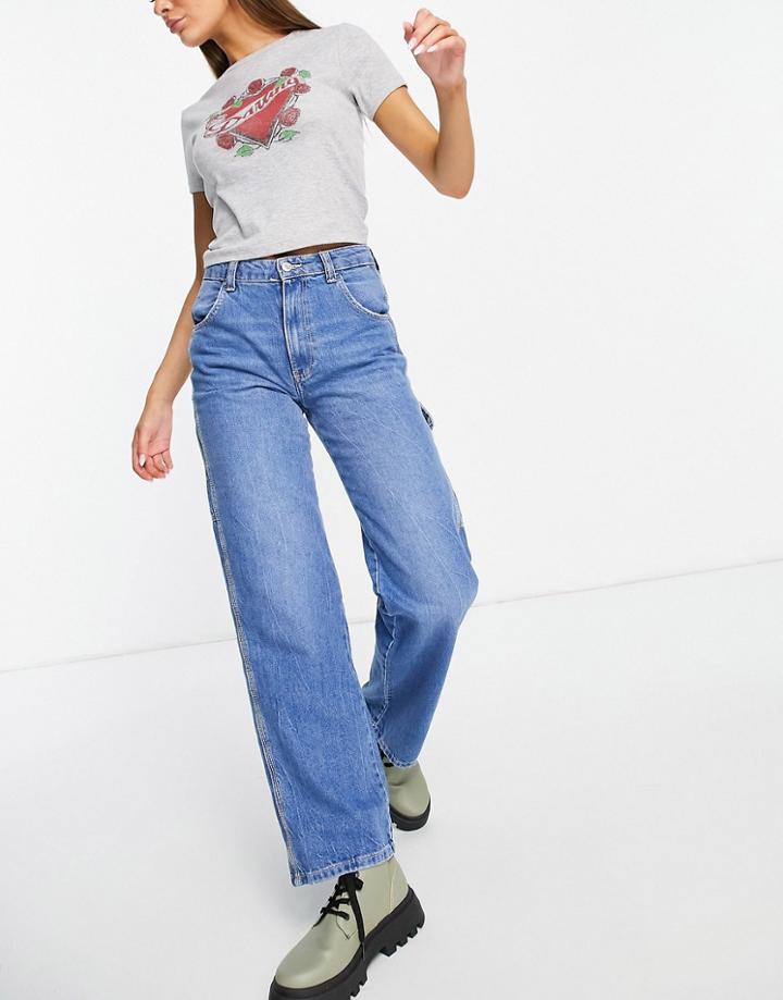 Bershka Carpenter Cargo Utility Jeans In Mid Wash Blue-blues
