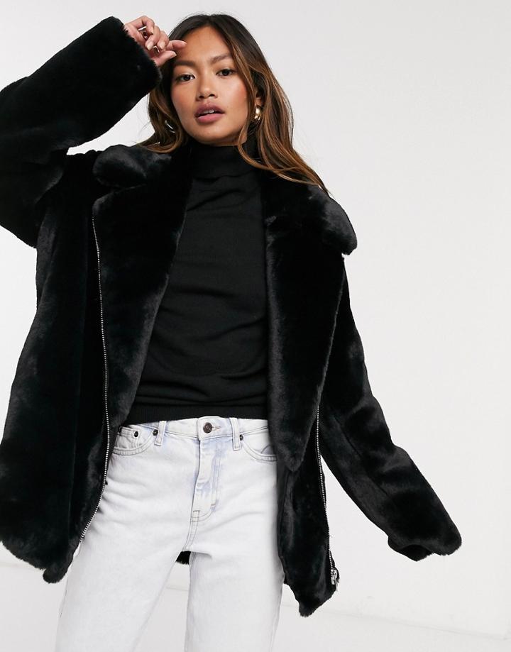 Asos Design Faux Fur Moto Jacket In Black