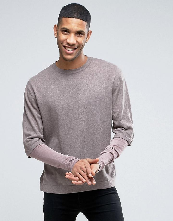 Asos Cotton Sweater With Double Layer Sleeve - Brown