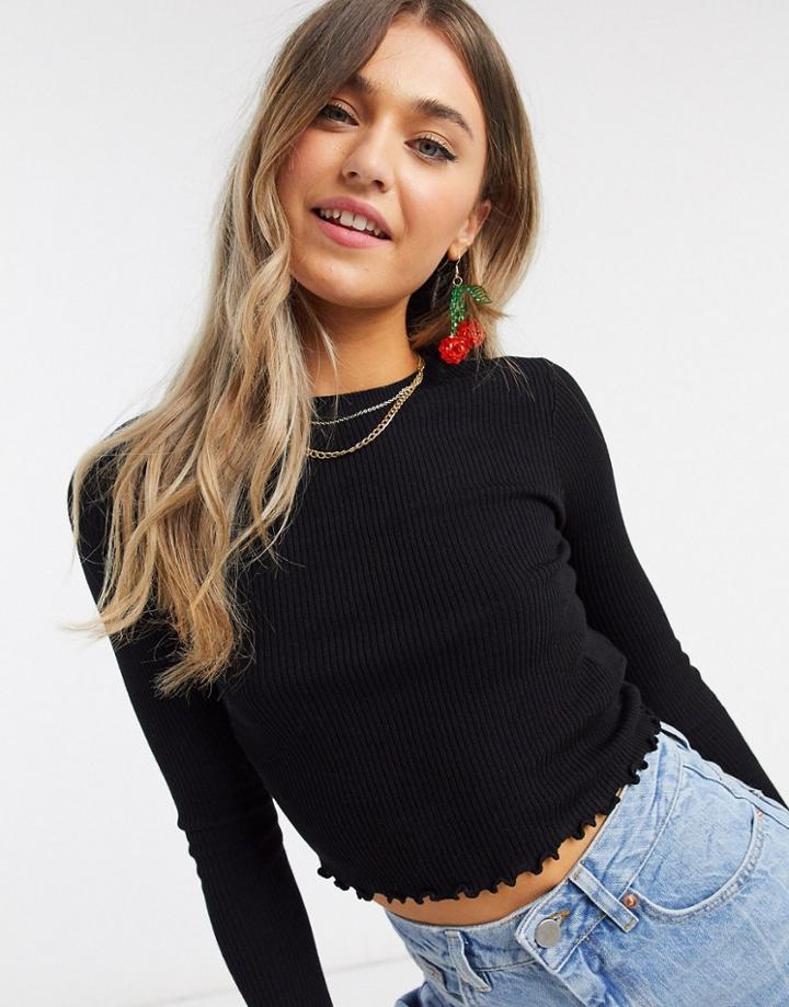 Pull & Bear Long Sleeved Ribbed Top With Lettuce Edge In Black