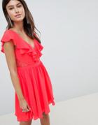Asos Design Lace Insert Mini Dress With Ruffle Bodice-red