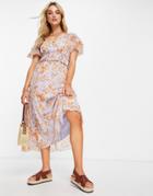 Asos Design Puff Sleeve Shirred Pleated Midi Dress In Floral Print-multi