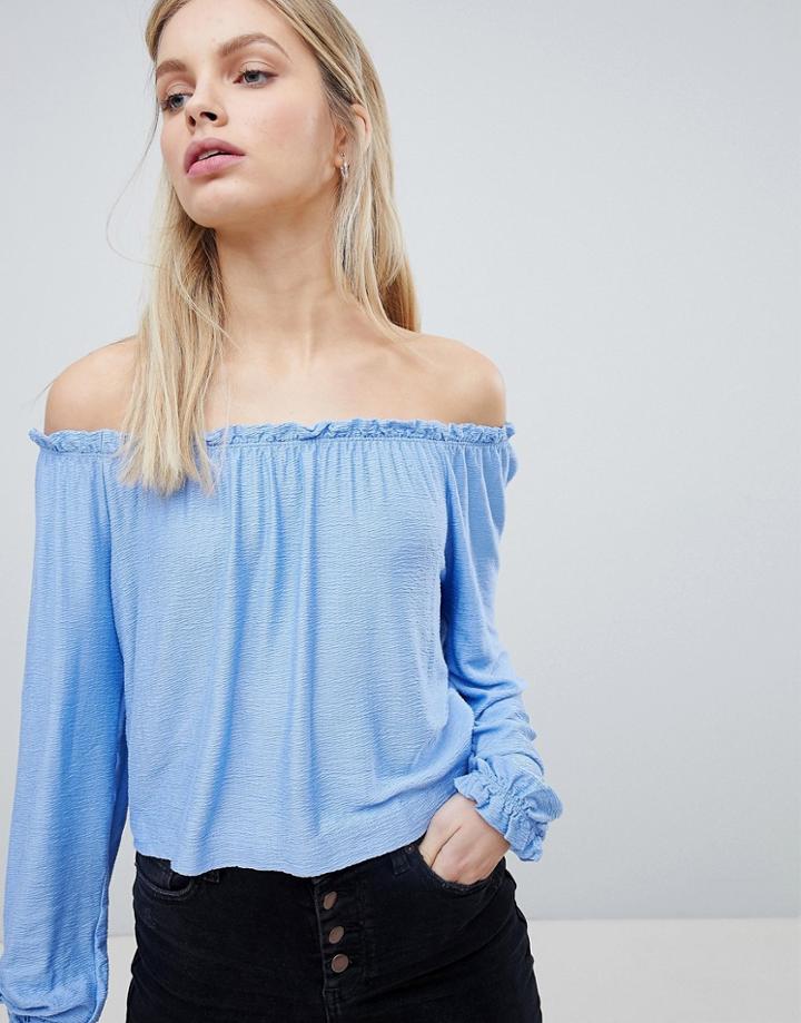 Bershka Frill Edge Bardot Top - Blue