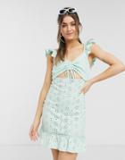 Asos Design Broderie Mini Sundress With Cut Out And Frill Straps In Mint-green