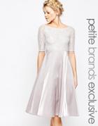True Decadence Petite Lace Bardot Midi Prom Dress - Soft Gray