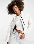 Asos Design Quilted Faux Leather Cropped Jacket In Cream-white