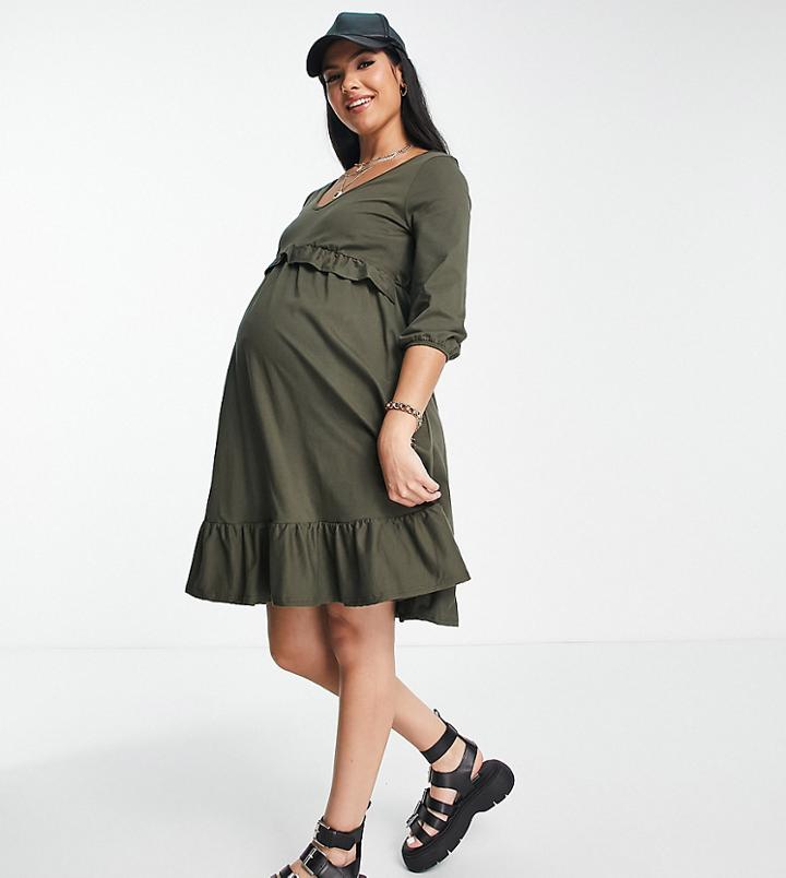 River Island Maternity Frill Smock Mini Dress In Khaki-green