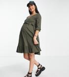 River Island Maternity Frill Smock Mini Dress In Khaki-green