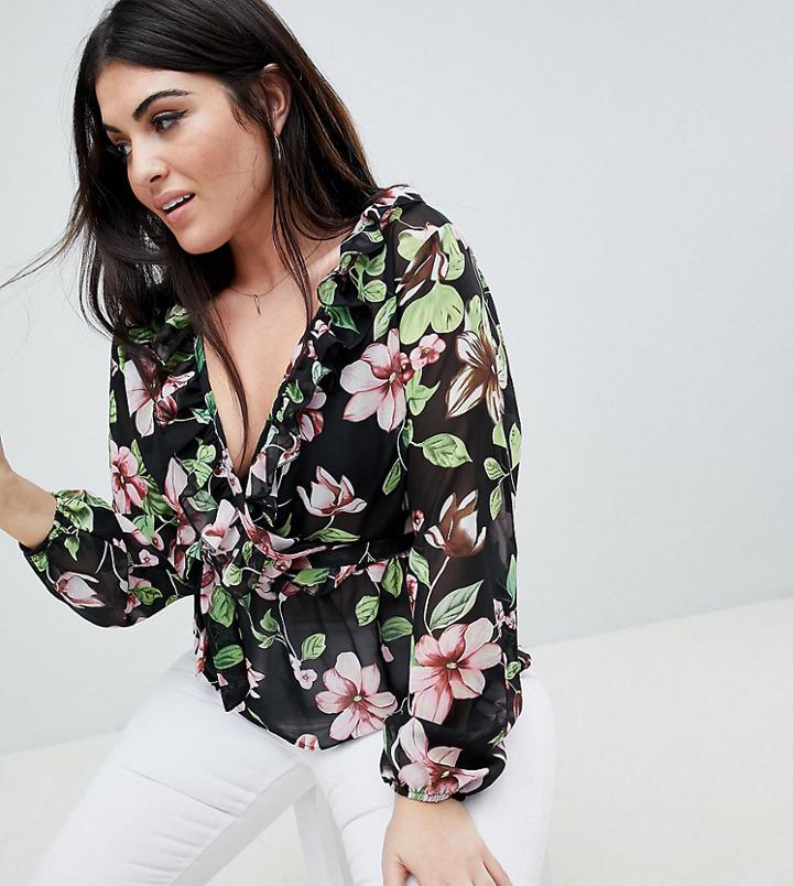Missguided Plus Floral Chiffon Tie Side Blouse - Black