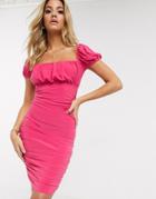 Club L Square Neck Ruched Mini Dress In Fuschia-pink
