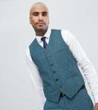 Heart & Dagger Skinny Wedding Suit Vest In Summer Dogstooth-blue