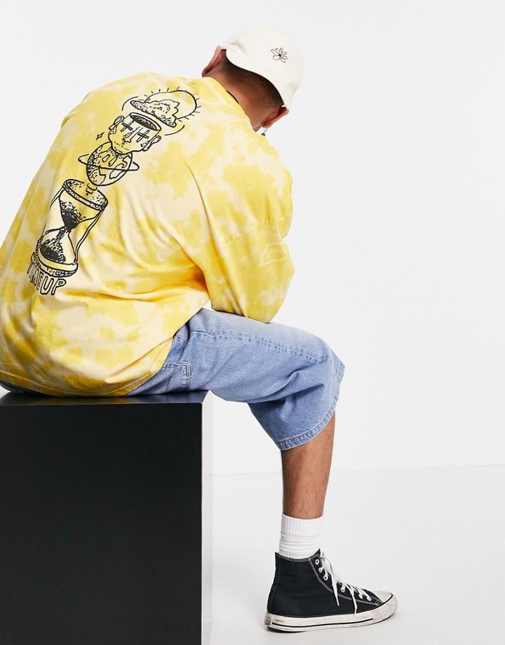 Asos Design Oversized Long Sleeve T-shirt In Yellow Cotton Tie Dye With Back Print