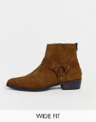 Asos Design Wide Fit Stacked Heel Western Chelsea Boots In Tan Suede With Buckle Detail