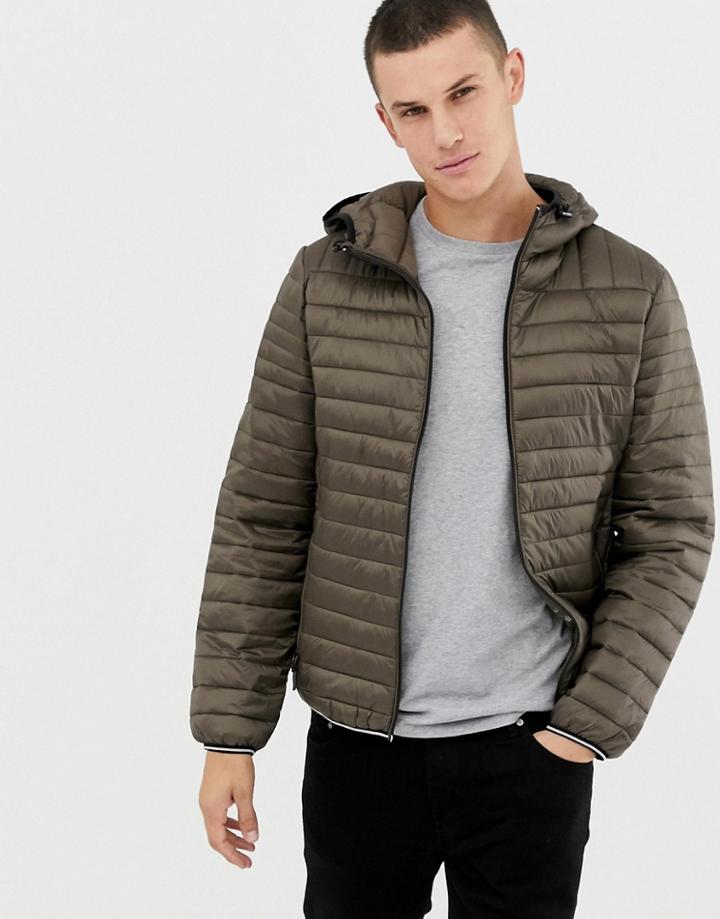 Celio Lightweight Hooded Quilted Jacket In Brown - Brown