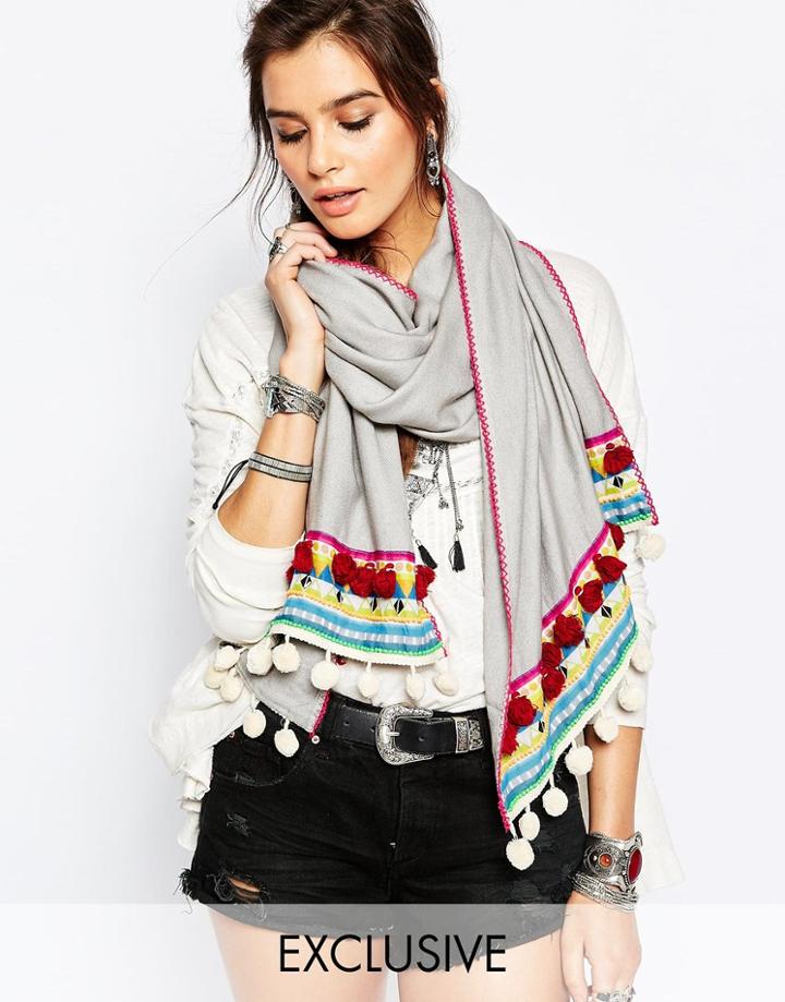 Bl^nk Oversized Scarf With Multi Colored Pom Poms In Gray - Gray