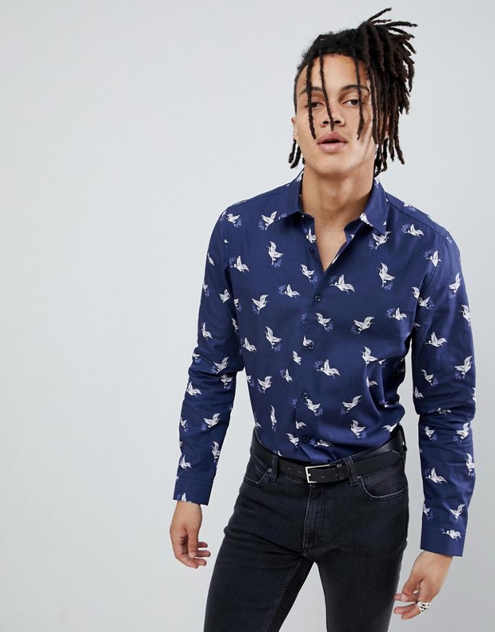 Devils Advocate Slim Fit Bird Print Shirt - Navy