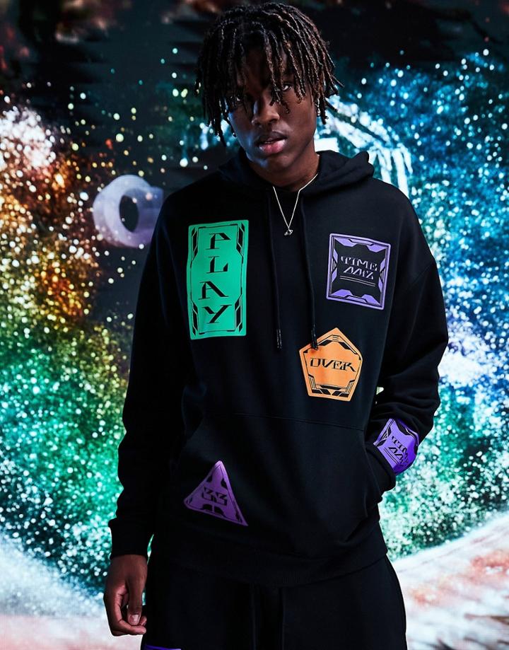 Asos Design Oversized Hoodie In Black With Multi Placement Graphics - Part Of A Set