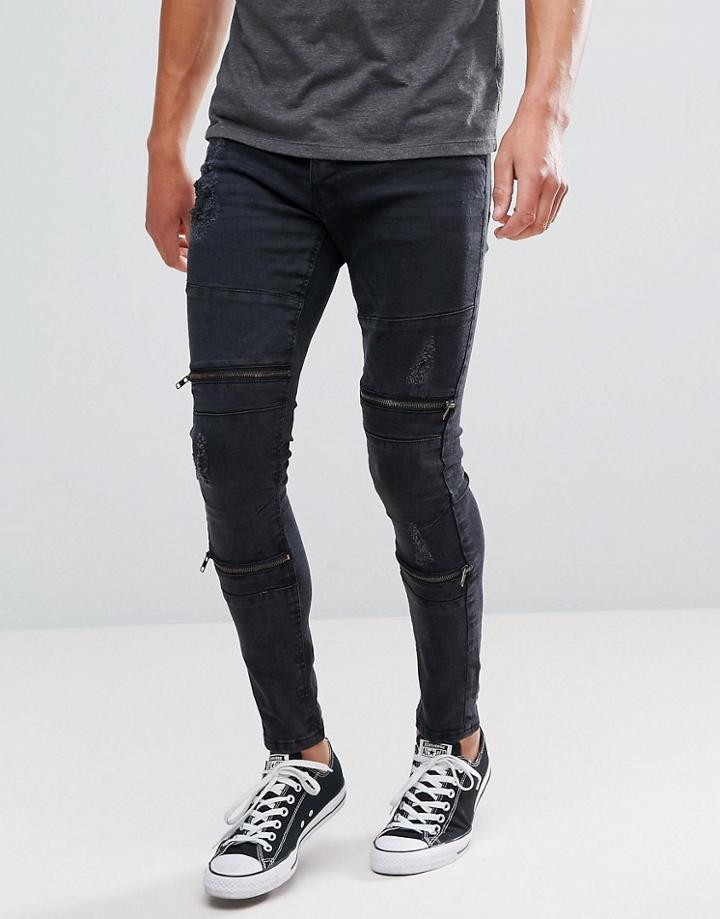Brave Soul Skinny Knee Zip Distressed Jeans - Black