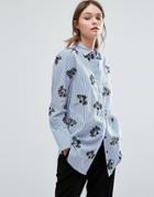Warehouse Embroidered Stripe Shirt - Blue