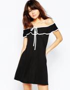Asos Off Shoulder Swing Dress With Contrast Bow - Black