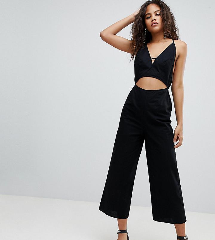 Asos Design Tall Cotton Jumpsuit With Cut Out Detail-black