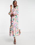 Asos Design Off Shoulder Trapeze Maxi Dress With Pephem In Floral Print-multi