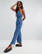 Asos Denim Jumpsuit With Lace Up Back In Vintage Wash - Blue