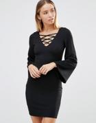 Ax Paris Lace Up Front Dress With Bell Sleeves - Black