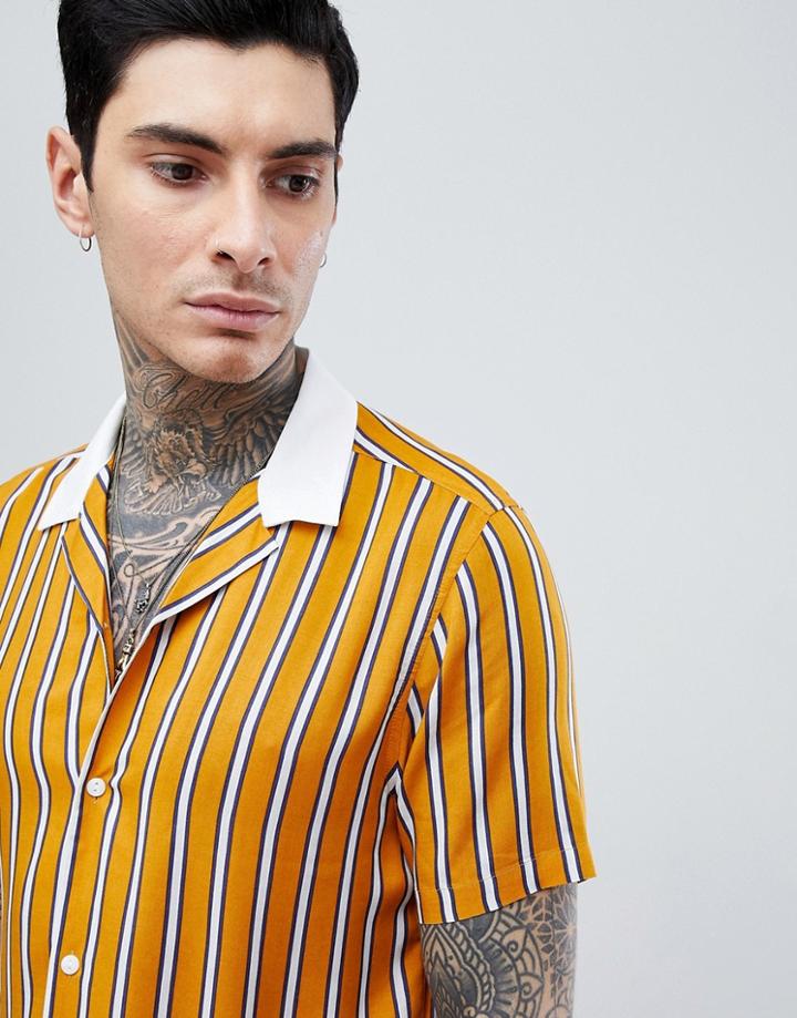 Asos Design Viscose Stripe Shirt With Contrast Collar - Yellow