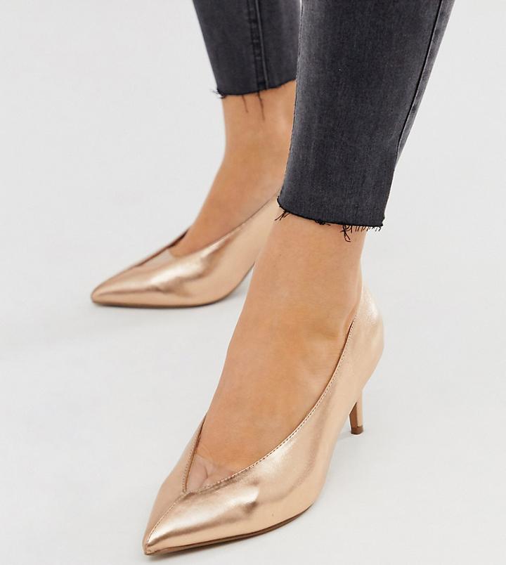Asos Design Wide Fit Winner Mid Heeled Pumps In Rose Gold Glitter - Gold