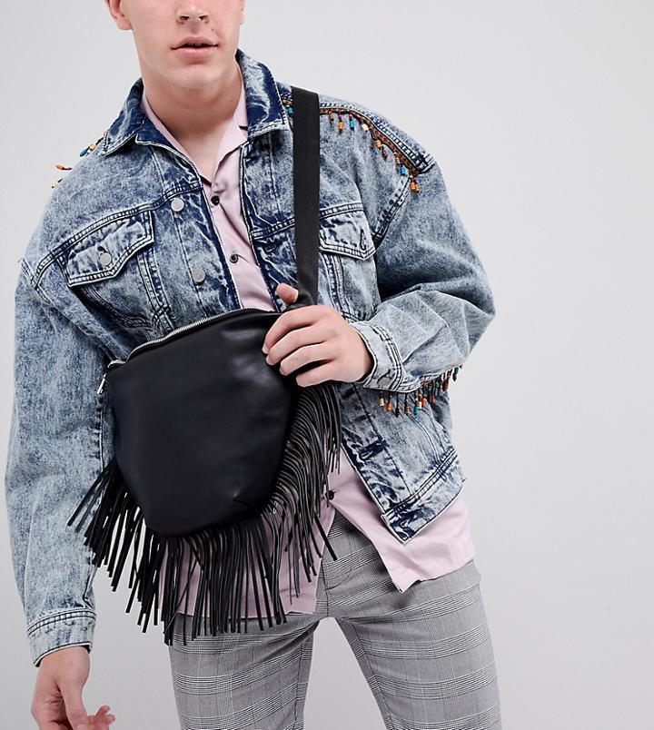 Sacred Hawk Leather Fringe Cross Body Bag - Black