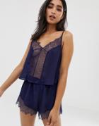 Wolf & Whistle Lace Trim Cami Strap Pyjama Set In Navy - Navy