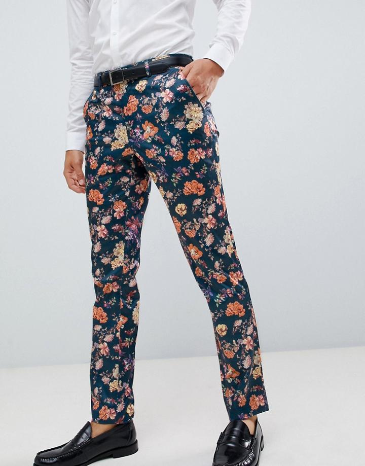 Asos Design Skinny Smart Pants With Floral Print - Navy