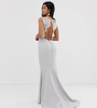 Jarlo Petite Maxi Dress With Lace Open Back And Train In Silver Gray - Silver