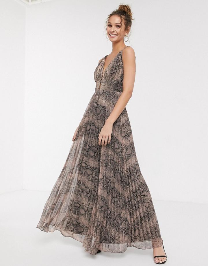Forever U Metallic Plunge Front Maxi Dress In Snake Print-multi