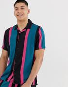 New Look Two-piece Revere Shirt In Green Stripe-black