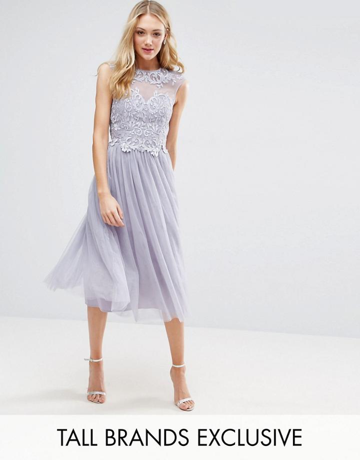 Little Mistress Tall Allover Applique Top Tulle Midi Skater Dress - Pink