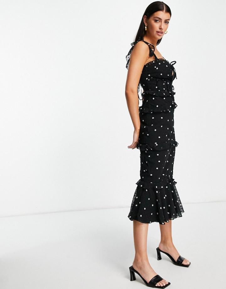 Asos Design Tiered Midi Dress With Ruffle Detail And Ruched Bodice-multi