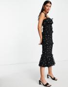 Asos Design Tiered Midi Dress With Ruffle Detail And Ruched Bodice-multi