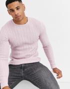 Asos Design Muscle Fit Lightweight Cable Sweater In Pink