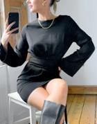 Asos Design Long Sleeve Mini Dress With Obi Belt In Black