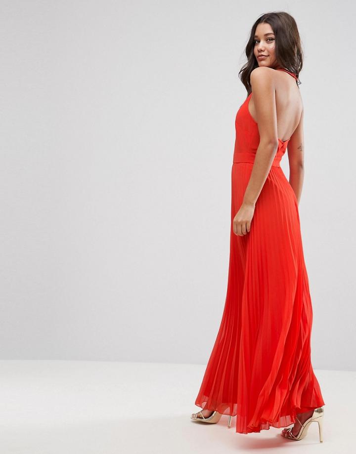 Asos Halter Neck Pleated Maxi Dress With Open Back - Pink