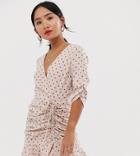 Outrageous Fortune Petite Ruched Tie Front Mini Skater Dress With Fluted Hem In Pink Polka Print - Pink