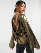 Asos Design Long Sleeve Metallic Cowl Back Top-no Color