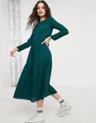 Asos Design Long Sleeve Tiered Smock Midi Dress In Forest Green